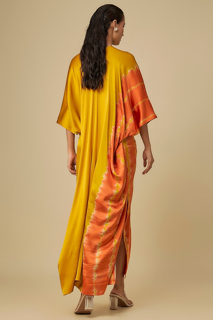 Gold Silk Lycra Satin Front Knot Leheriya Cocktail Dress by Stephany at Pernia's Pop Up Shop