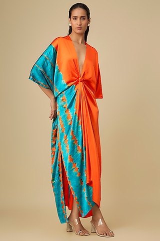 Orange Silk Lycra Satin Front Knot Leheriya Dress by Stephany