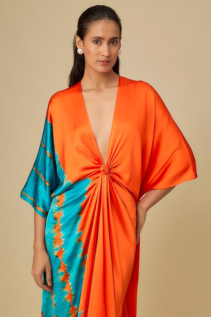 Orange Silk Lycra Satin Front Knot Leheriya Cocktail Dress by Stephany at Pernia's Pop Up Shop