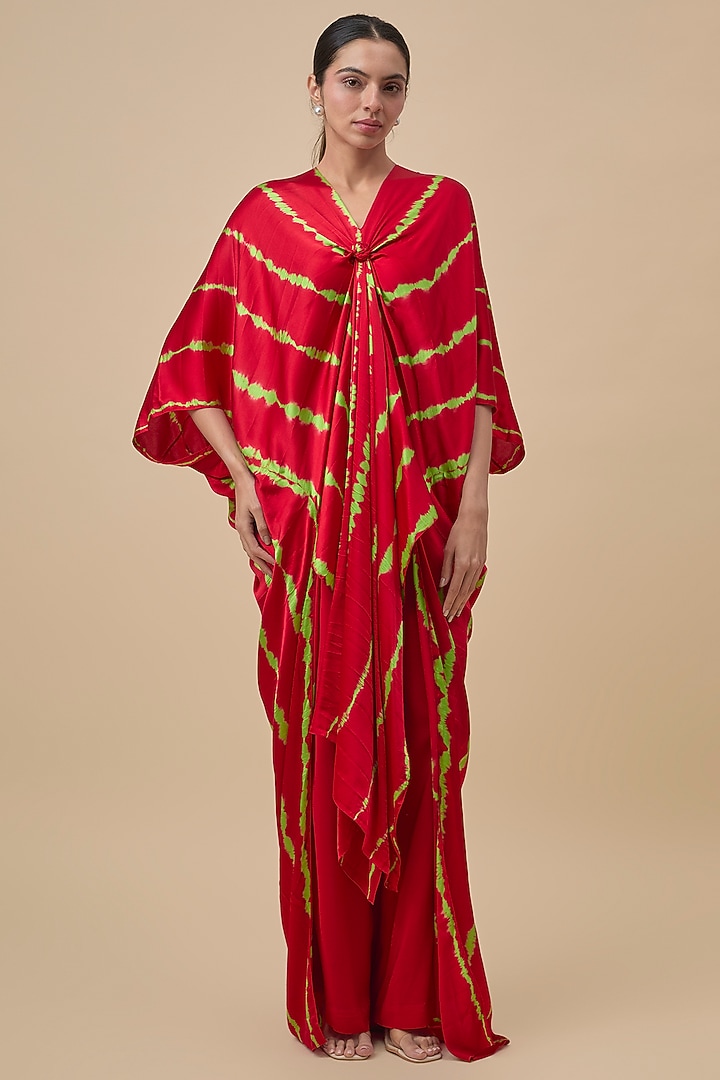 Red & Neon Green Silk Lycra Satin Leheriya Printed Tunic Set by Stephany at Pernia's Pop Up Shop