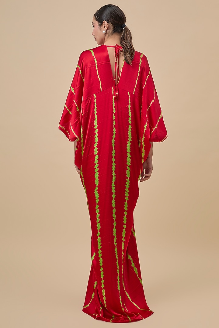 Red & Neon Green Silk Lycra Satin Leheriya Printed Tunic Set by Stephany at Pernia's Pop Up Shop