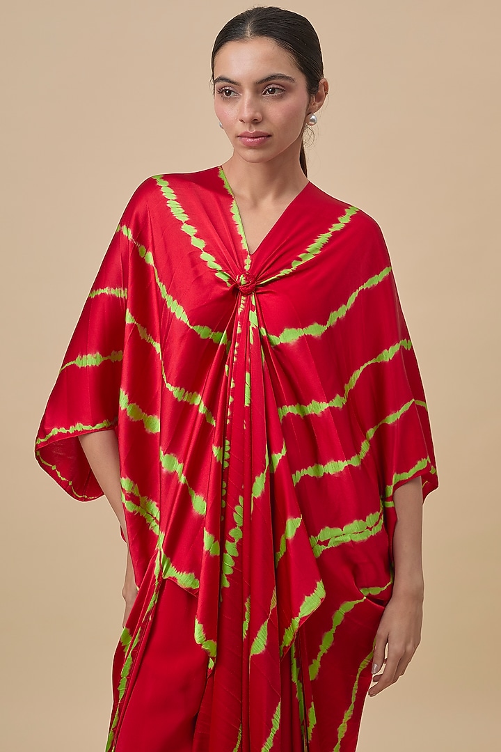 Red & Neon Green Silk Lycra Satin Leheriya Printed Tunic Set by Stephany at Pernia's Pop Up Shop