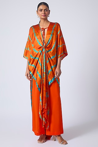 Orange Silk Lycra Satin Leheriya Tunic Set by Stephany