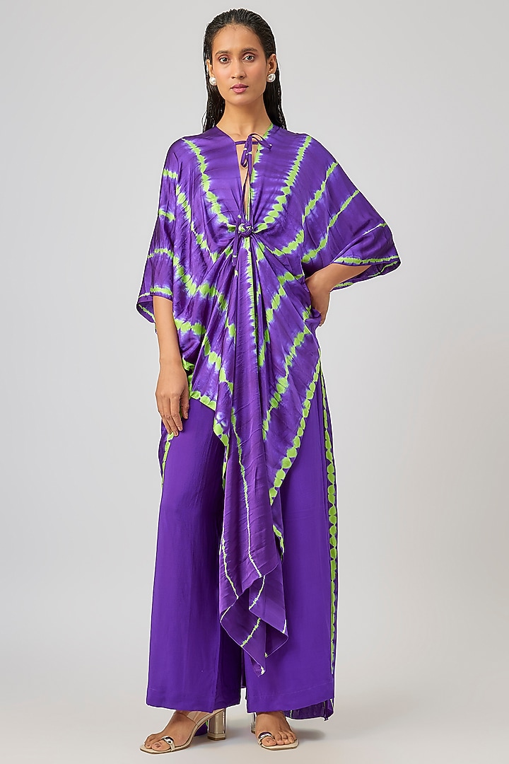 Purple Silk Lycra Satin Leheriya Tie-Up Tunic Set by Stephany at Pernia's Pop Up Shop
