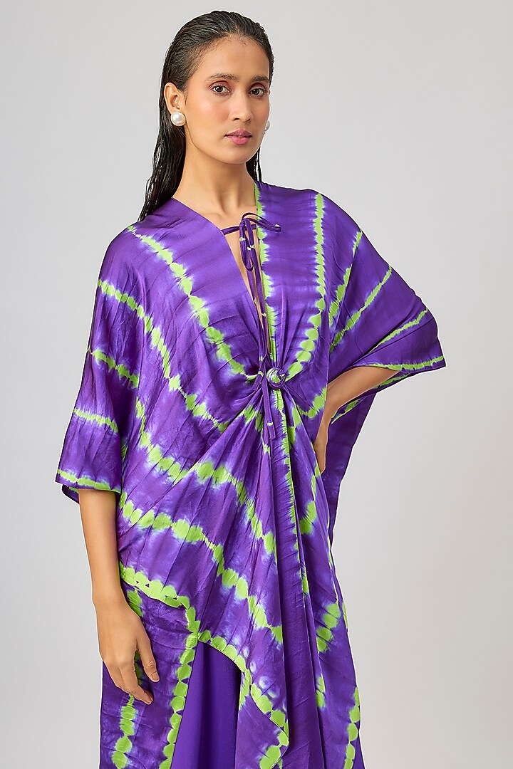 Purple Silk Lycra Satin Leheriya Tie-Up Tunic Set by Stephany at Pernia's Pop Up Shop