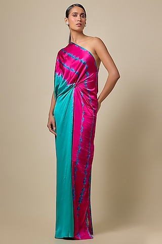 Pink Lycra Silk Satin Leheriya Dress by Stephany