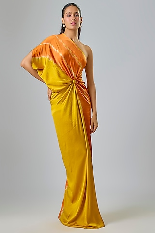 Gold Lycra Silk Satin Leheriya Dress by Stephany