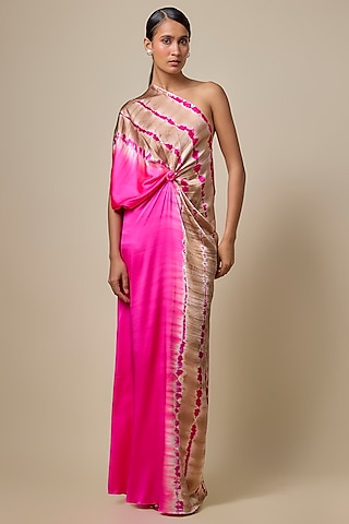 Pink Lycra Silk Satin Leheriya Dress by Stephany