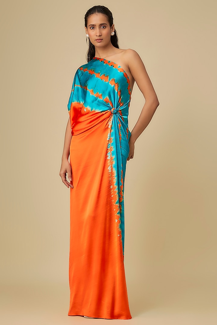 Orange Silk Lycra Satin Leheriya One-Shoulder Vacation Dress by Stephany at Pernia's Pop Up Shop