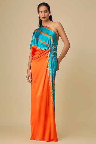 Orange Silk Lycra Satin Leheriya One-Shoulder Dress by Stephany