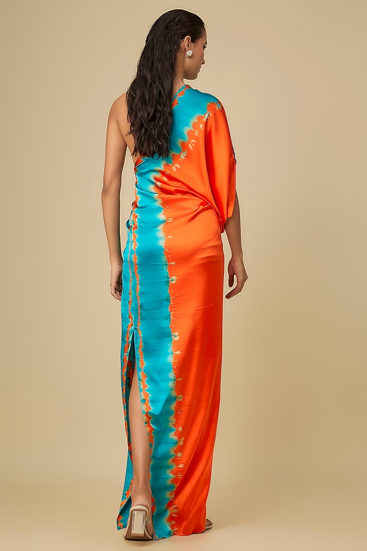 Orange Silk Lycra Satin Leheriya One-Shoulder Vacation Dress by Stephany at Pernia's Pop Up Shop