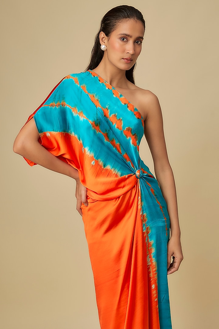 Orange Silk Lycra Satin Leheriya One-Shoulder Vacation Dress by Stephany at Pernia's Pop Up Shop