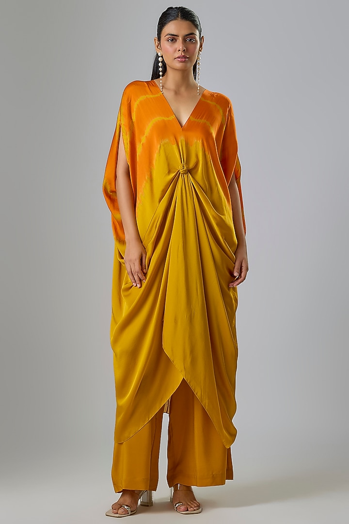 Gold Silk Satin Georgette Front-Knot Leheriya Tunic Set by Stephany at Pernia's Pop Up Shop