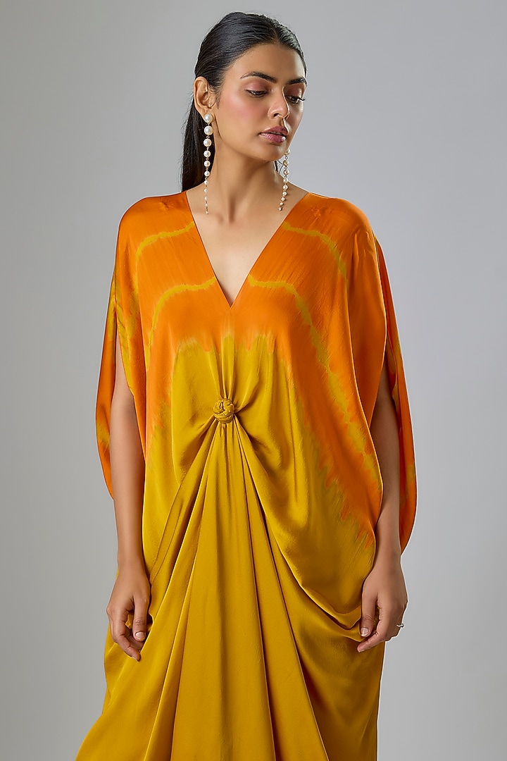 Gold Silk Satin Georgette Front-Knot Leheriya Tunic Set by Stephany at Pernia's Pop Up Shop