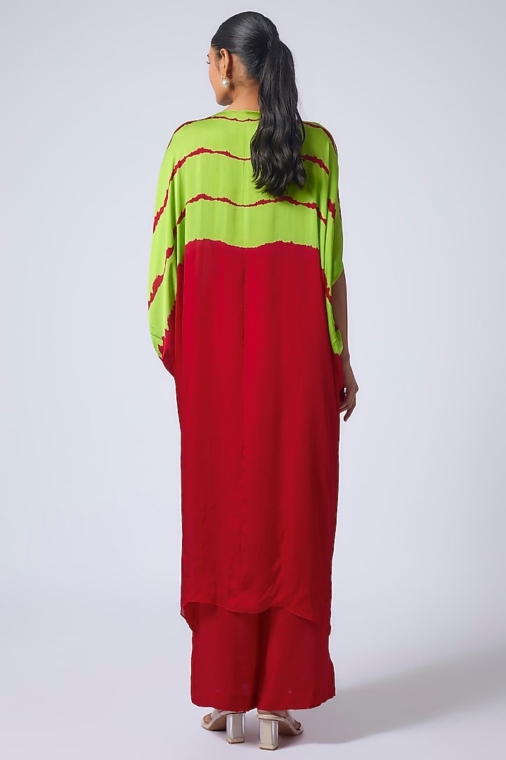 Red Silk Satin Georgette Leheriya Printed Tunic Set by Stephany at Pernia's Pop Up Shop