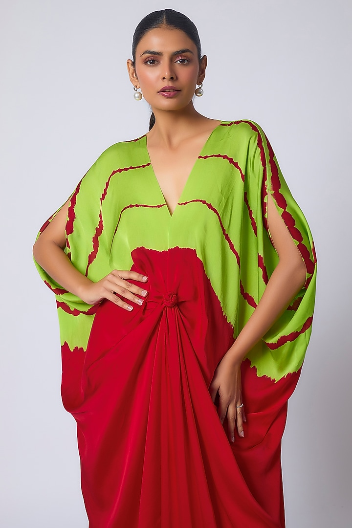 Red Silk Satin Georgette Leheriya Printed Tunic Set by Stephany at Pernia's Pop Up Shop