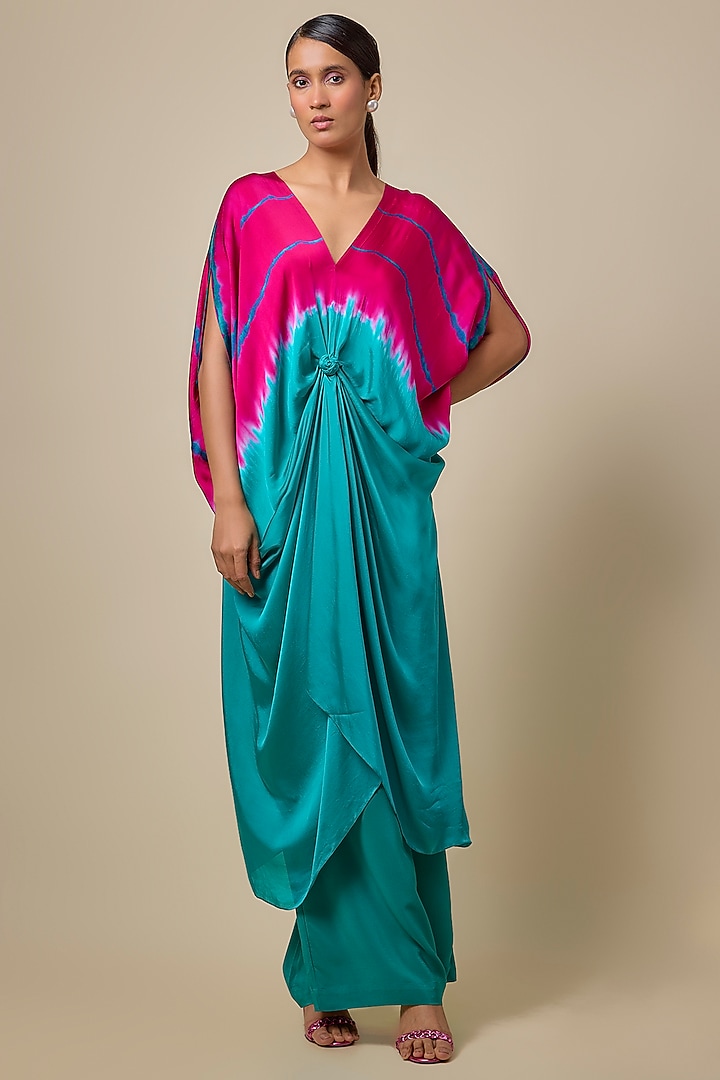 Green Silk Satin Georgette Front-Knot Leheriya Tunic Set by Stephany at Pernia's Pop Up Shop