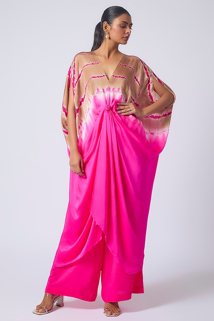 Pink Silk Satin Georgette Leheriya Printed Tunic Set by Stephany at Pernia's Pop Up Shop
