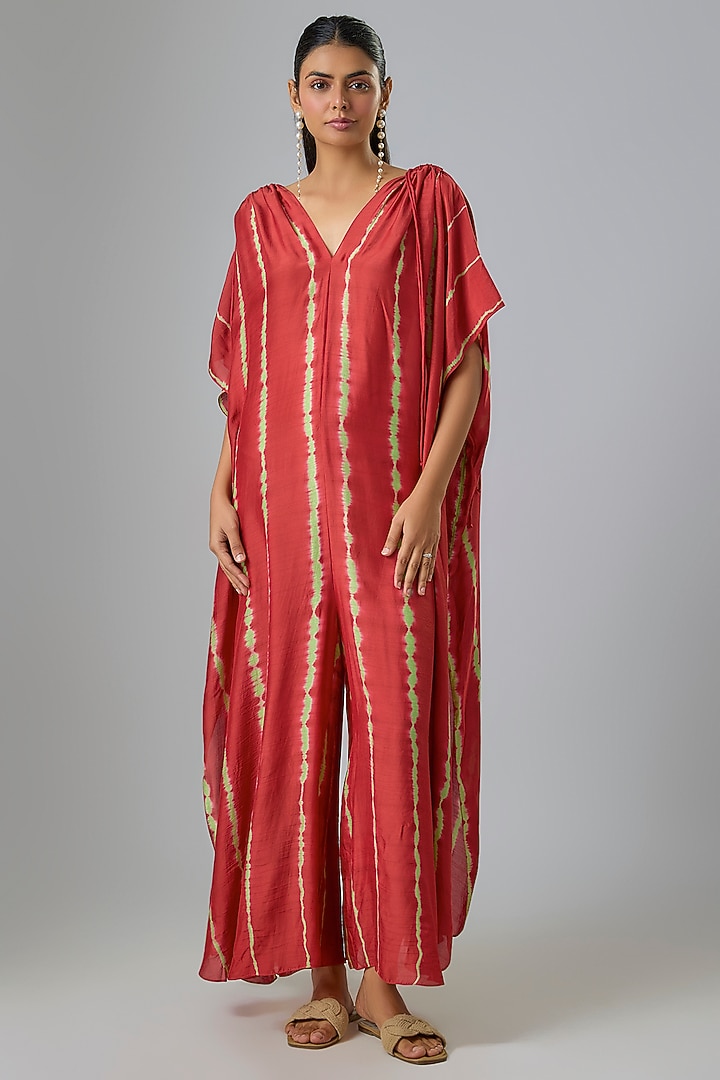 Red Cotton Silk Leheriya Jumpsuit by Stephany at Pernia's Pop Up Shop