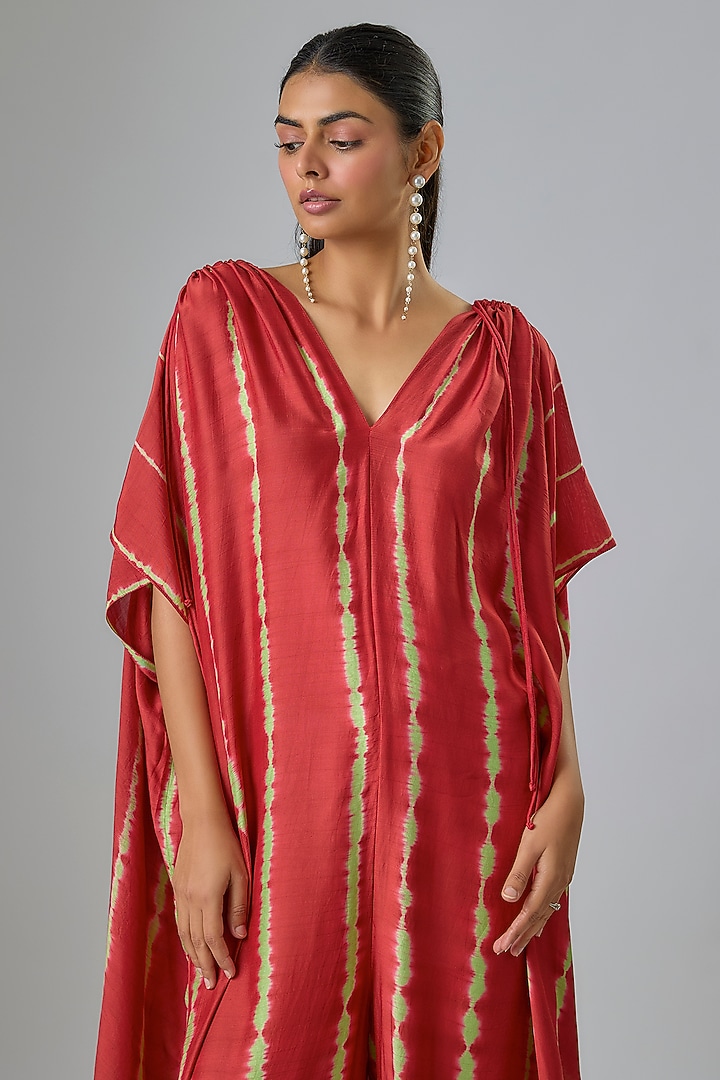 Red Cotton Silk Leheriya Jumpsuit by Stephany at Pernia's Pop Up Shop