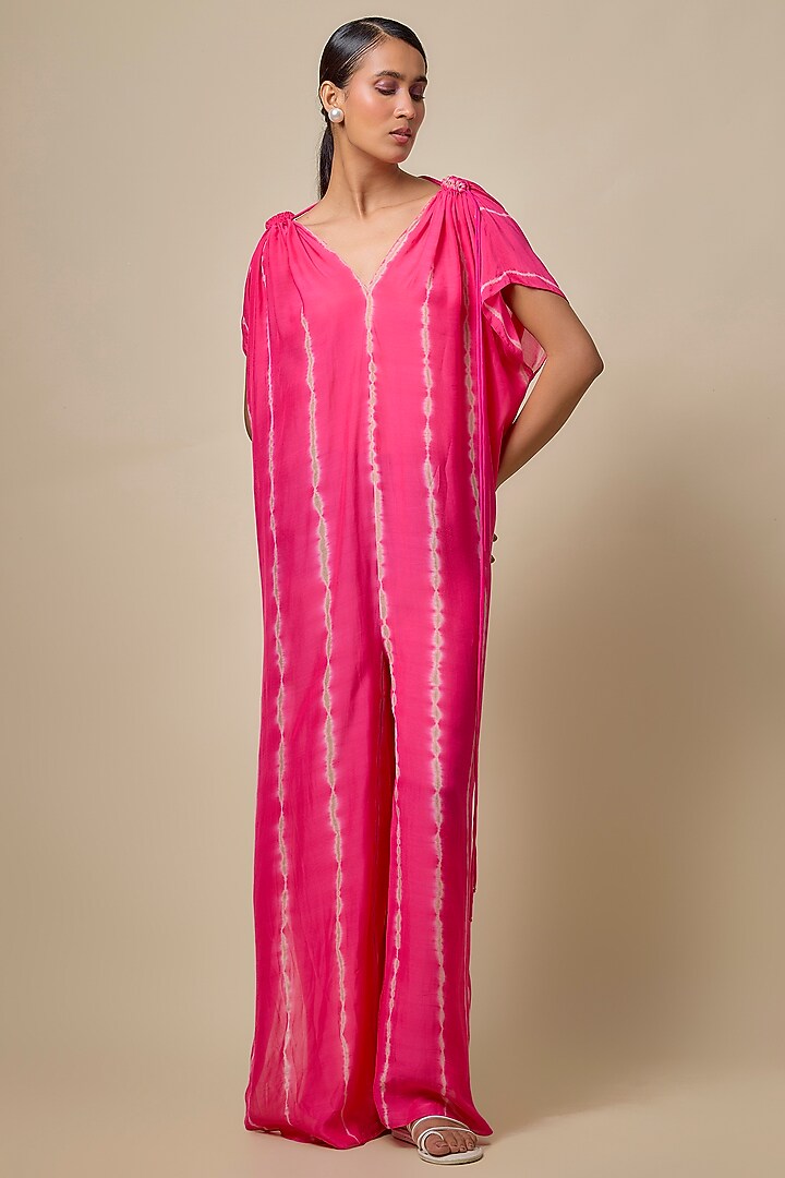 Pink Cotton Silk Leheriya Jumpsuit by Stephany at Pernia's Pop Up Shop