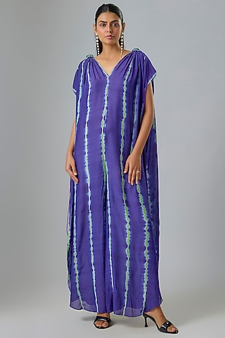 Purple Cotton Silk Leheriya Jumpsuit by Stephany