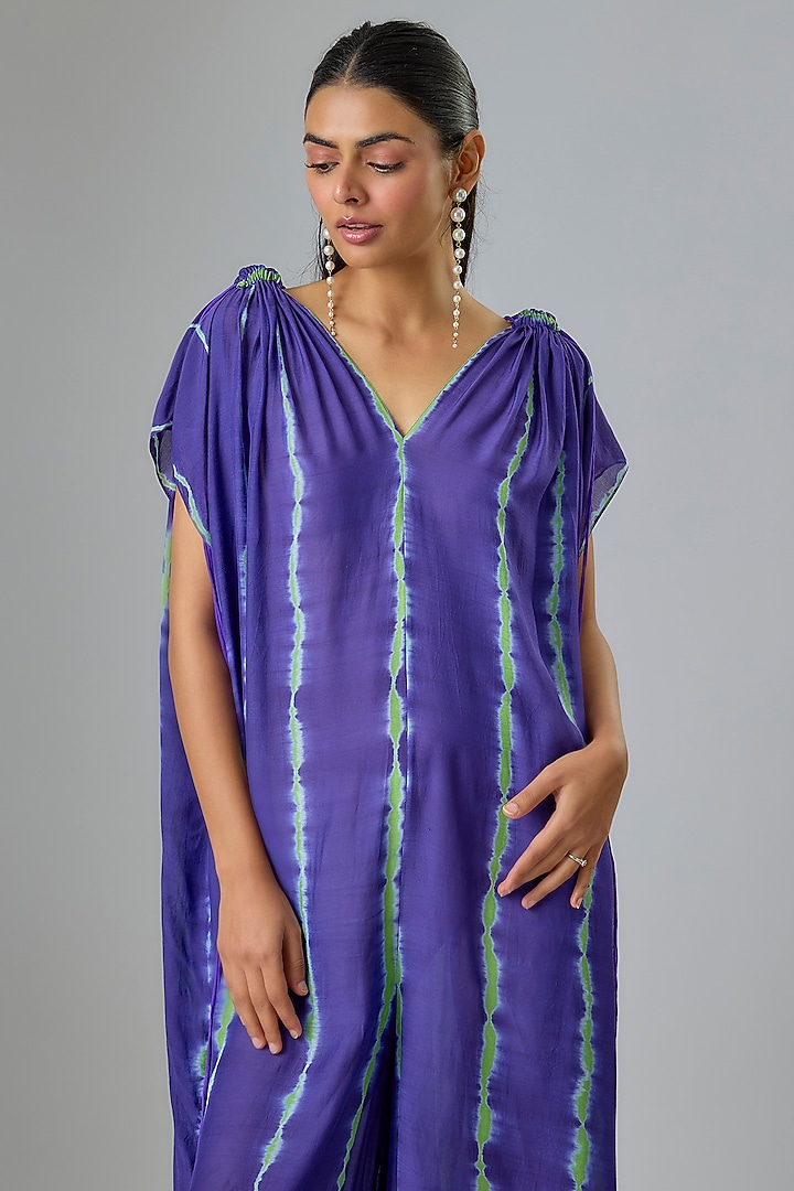 Purple Cotton Silk Leheriya Jumpsuit by Stephany at Pernia's Pop Up Shop