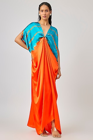 Orange Silk Lycra Satin Leheriya Kaftan Dress by Stephany