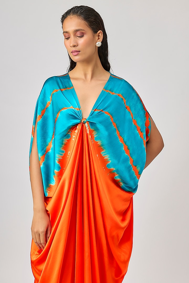 Orange Silk Lycra Satin Leheriya Kaftan Cocktail Dress by Stephany at Pernia's Pop Up Shop
