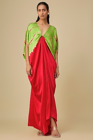 Red Silk Lycra Satin Leheriya Kaftan Dress by Stephany