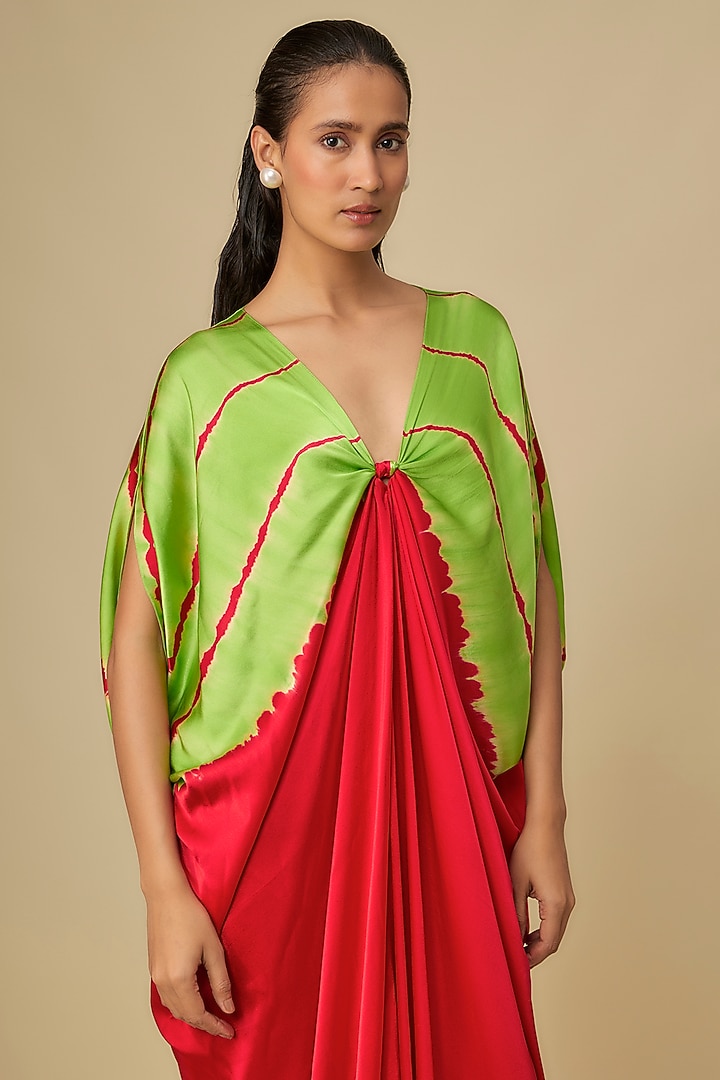 Red Silk Lycra Satin Leheriya Kaftan Cocktail Dress by Stephany at Pernia's Pop Up Shop