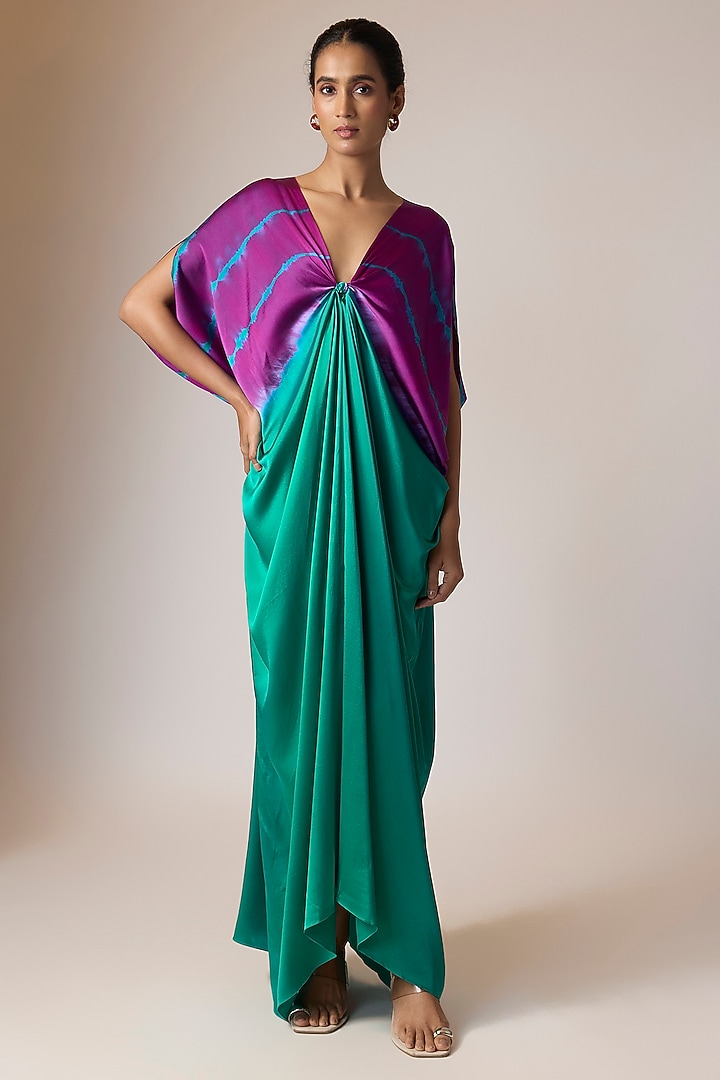 Sea Green Silk Lycra Satin Kaftan by Stephany at Pernia's Pop Up Shop