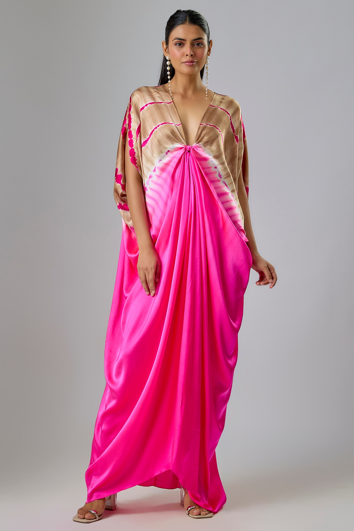 Stephany Pink Silk Lycra Satin Leheriya Top-Knot Kaftan Dress