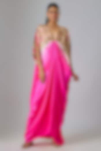 Pink Silk Lycra Satin Leheriya Top-Knot Kaftan Dress by Stephany at Pernia's Pop Up Shop