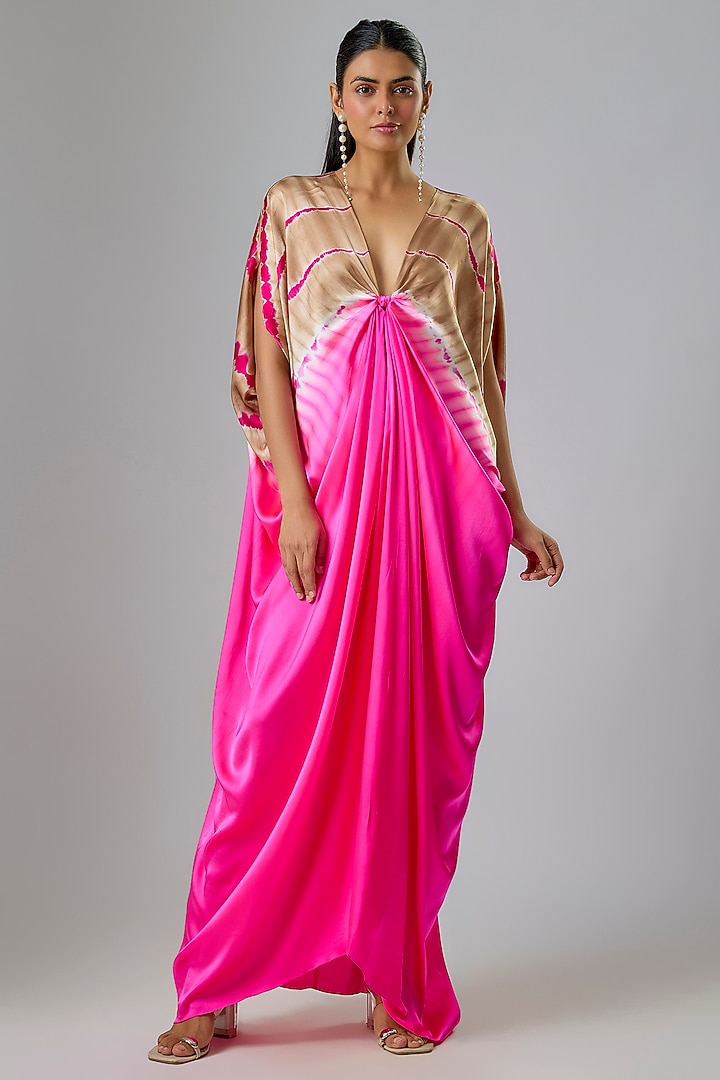 Pink Silk Lycra Satin Leheriya Top-Knot Kaftan Dress by Stephany at Pernia's Pop Up Shop