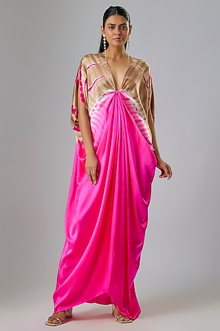 Pink Silk Lycra Satin Leheriya Top-Knot Kaftan Dress by Stephany
