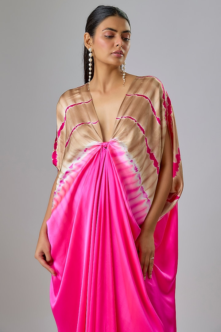Pink Silk Lycra Satin Leheriya Top-Knot Kaftan Dress by Stephany at Pernia's Pop Up Shop
