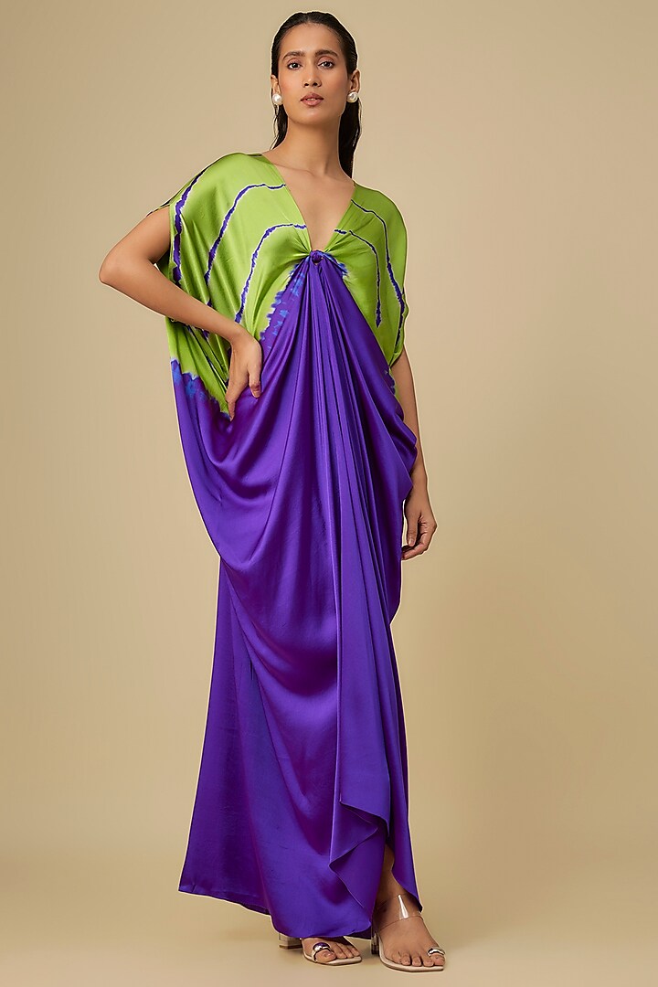 Purple Silk Lycra Satin Leheriya Kaftan Cocktail Dress by Stephany at Pernia's Pop Up Shop