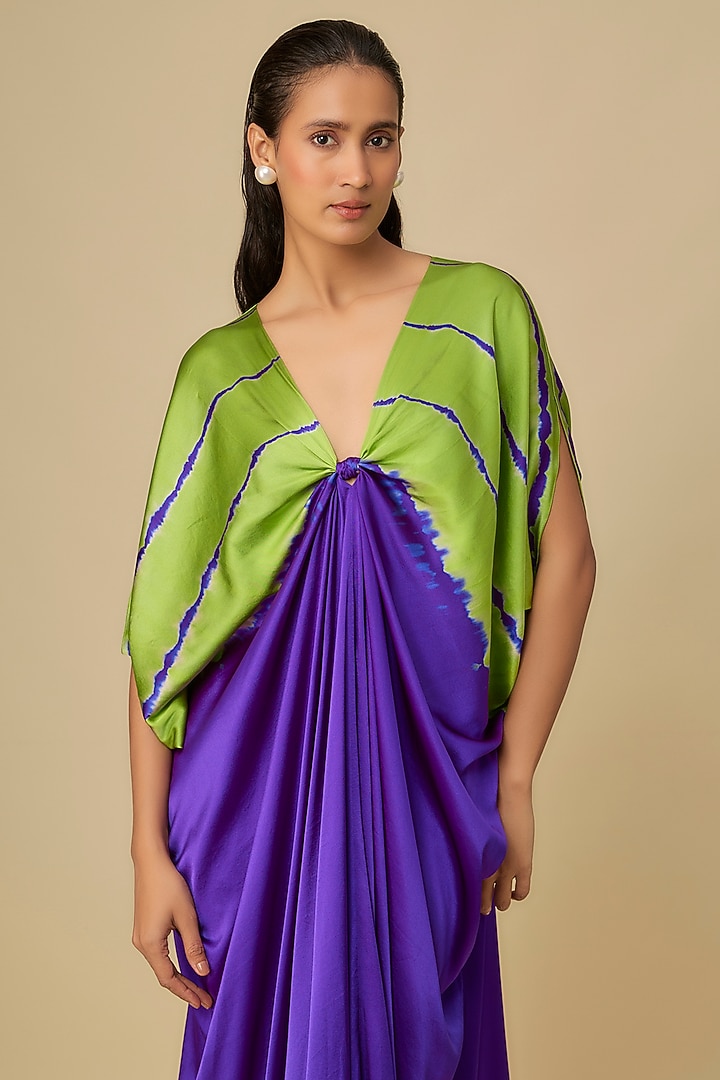 Purple Silk Lycra Satin Leheriya Kaftan Cocktail Dress by Stephany at Pernia's Pop Up Shop