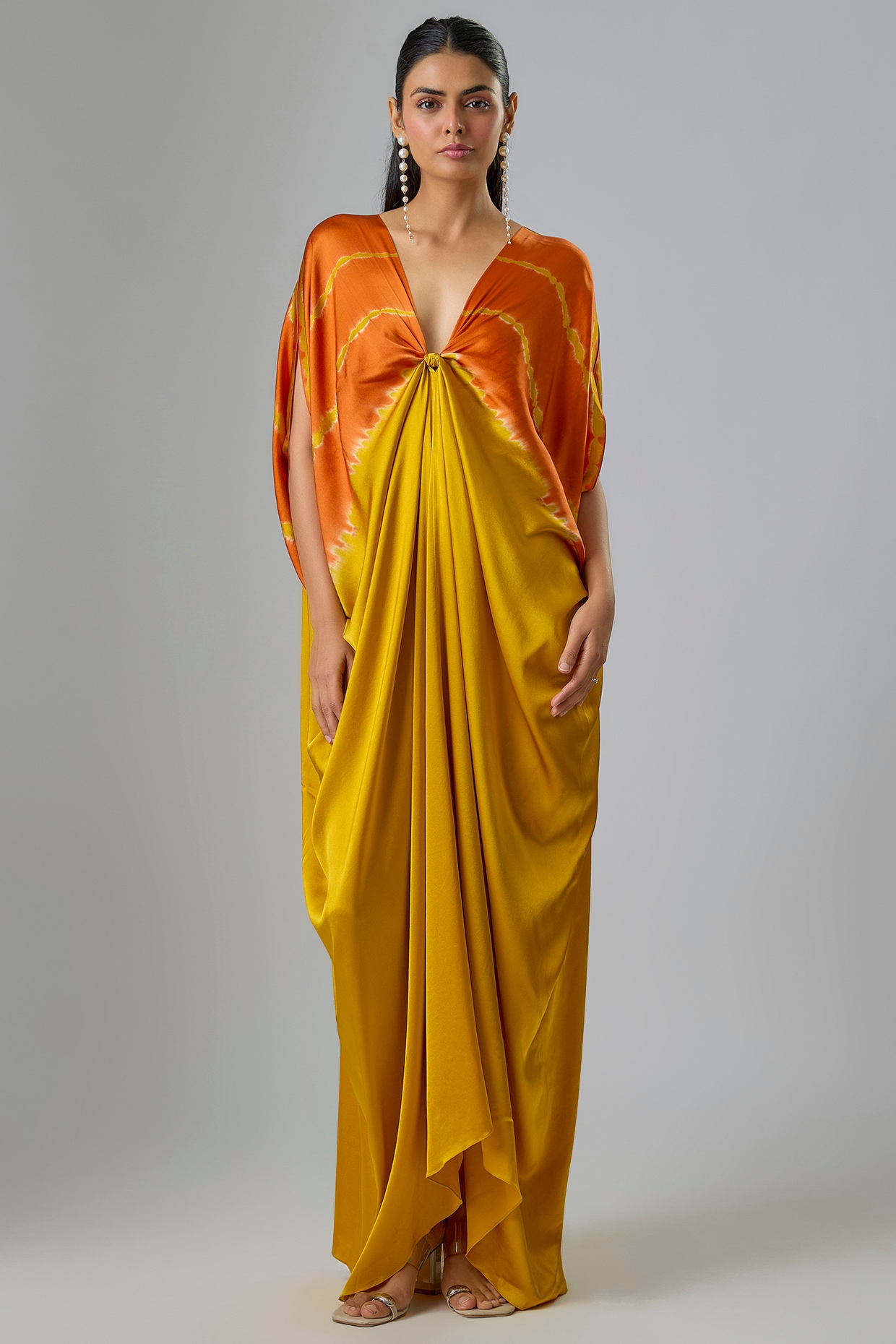 Stephany Gold Silk Lycra Satin Leheriya Top-Knot Kaftan Dress