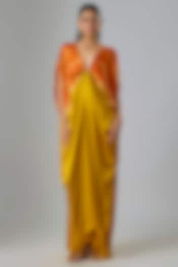 Gold Silk Lycra Satin Leheriya Top-Knot Kaftan Dress by Stephany at Pernia's Pop Up Shop
