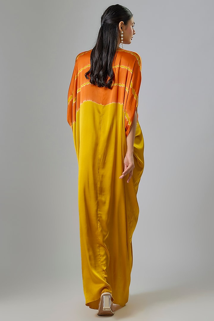 Gold Silk Lycra Satin Leheriya Top-Knot Kaftan Dress by Stephany at Pernia's Pop Up Shop