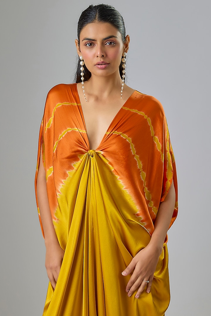 Gold Silk Lycra Satin Leheriya Top-Knot Kaftan Dress by Stephany at Pernia's Pop Up Shop