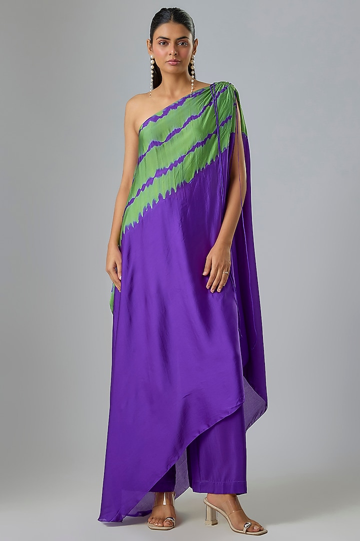 Purple Silk Satin Georgette Leheriya Tunic Set by Stephany at Pernia's Pop Up Shop