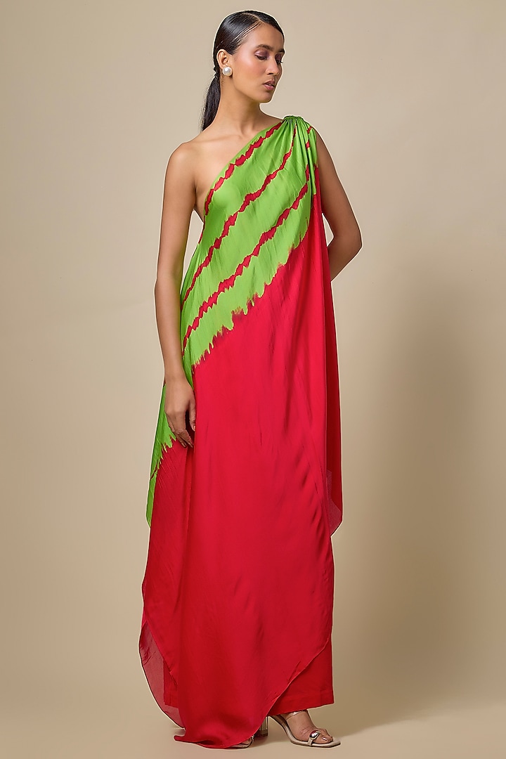 Red Silk Satin Georgette Leheriya Tunic Set by Stephany at Pernia's Pop Up Shop