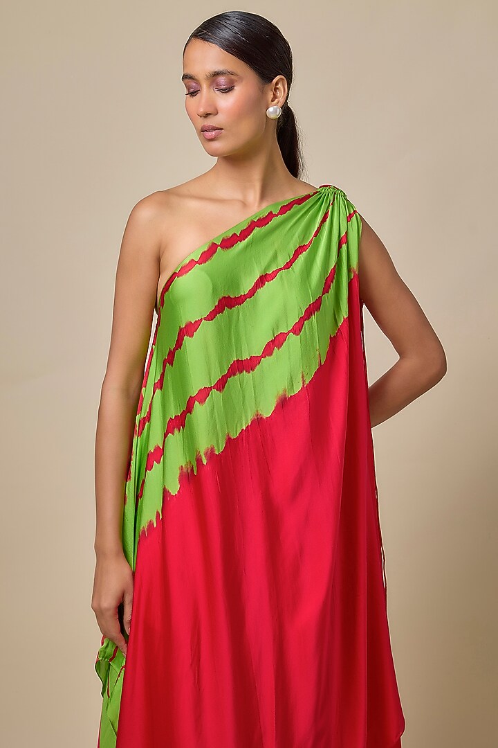 Red Silk Satin Georgette Leheriya Tunic Set by Stephany at Pernia's Pop Up Shop