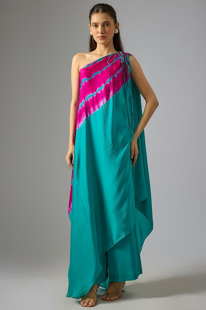 Green Silk Satin Georgette Leheriya Tunic Set by Stephany at Pernia's Pop Up Shop