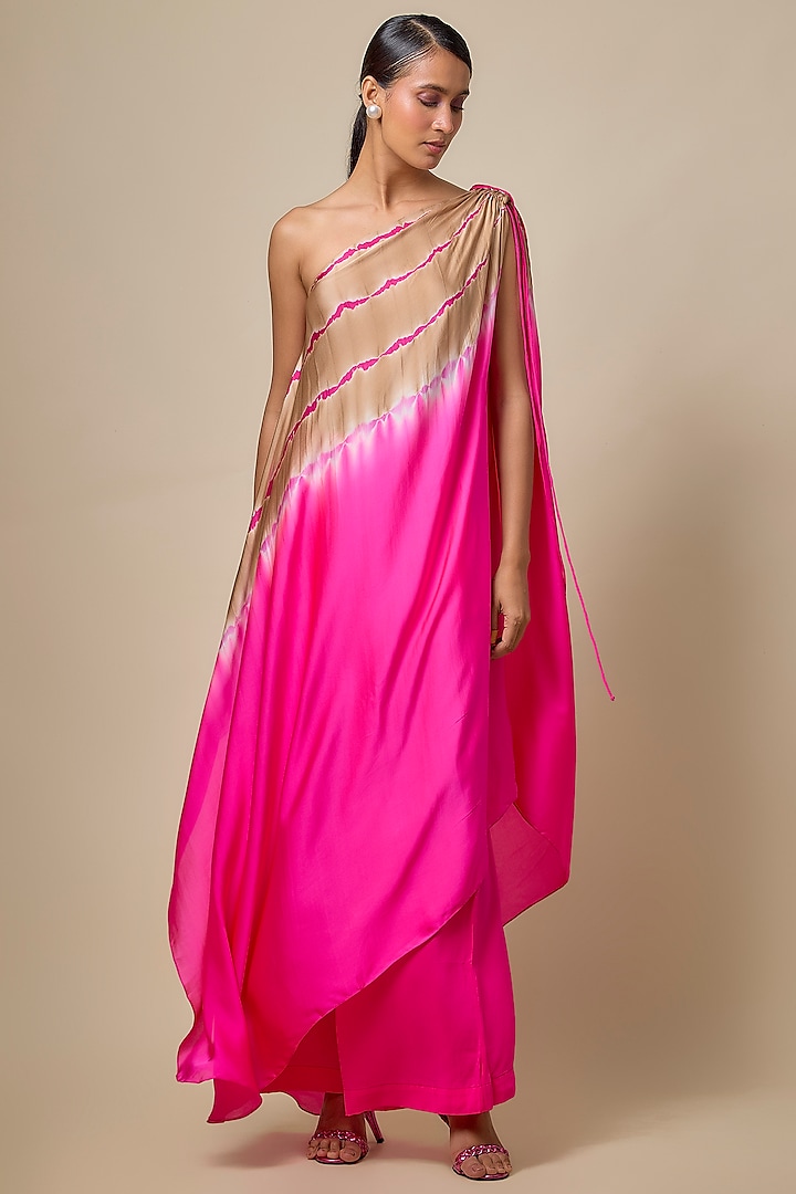 Pink Silk Satin Georgette Leheriya Tunic Set by Stephany at Pernia's Pop Up Shop