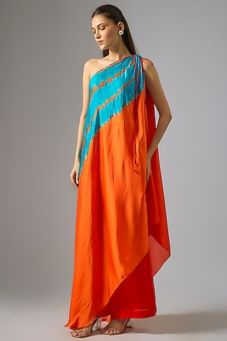 Orange Silk Satin Georgette Leheriya Tunic Set by Stephany