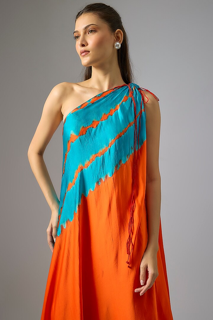 Orange Silk Satin Georgette Leheriya Tunic Set by Stephany at Pernia's Pop Up Shop